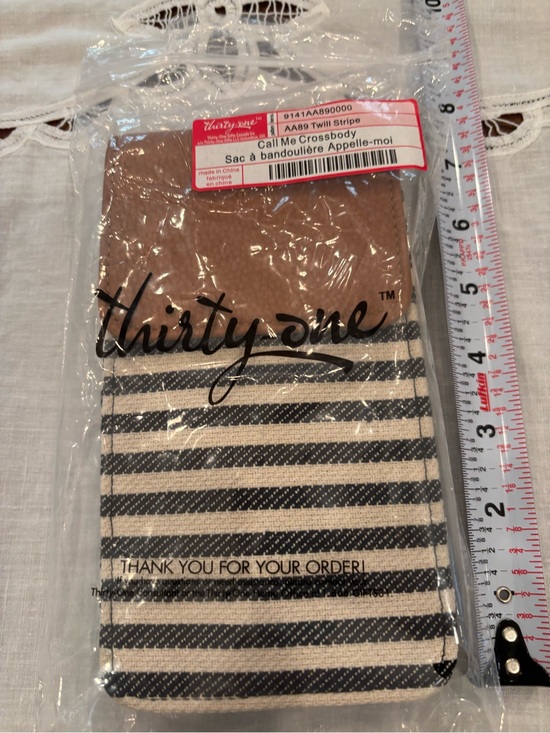 thirty-one Handbags - thirty-one Striped Crossbody Phone Bag in Black and Cream with Brown Trim